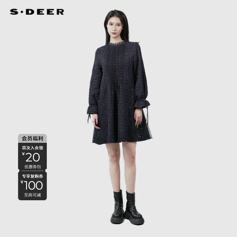 S·DEER圣迪奥显瘦小香风长袖时尚气质网纱女装连衣裙S234Z12G1