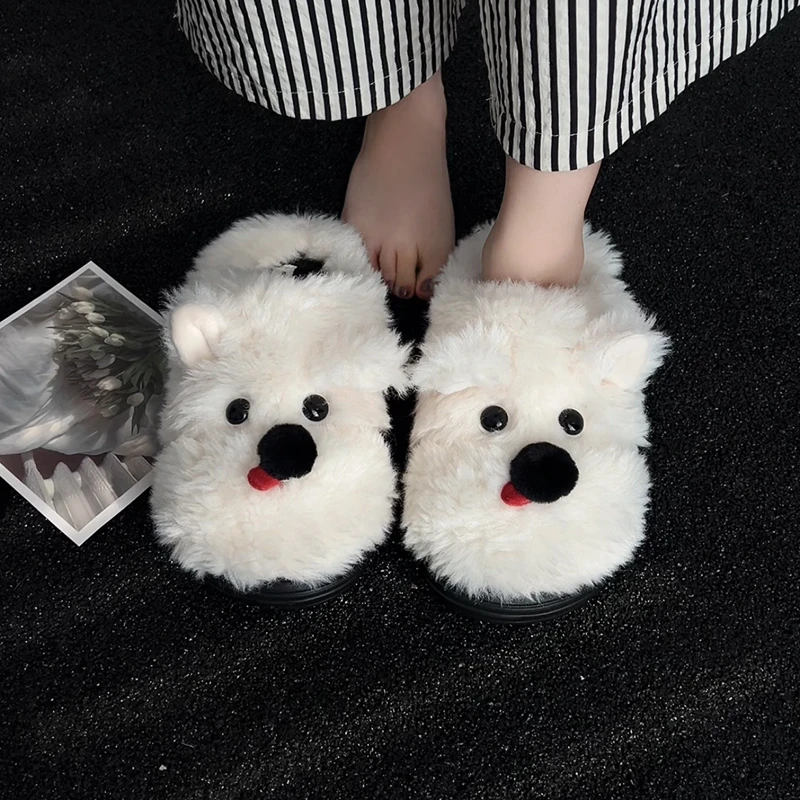 可爱炸毛小狗棉拖鞋女2025年秋冬季新款厚底增高防滑包头毛绒拖鞋