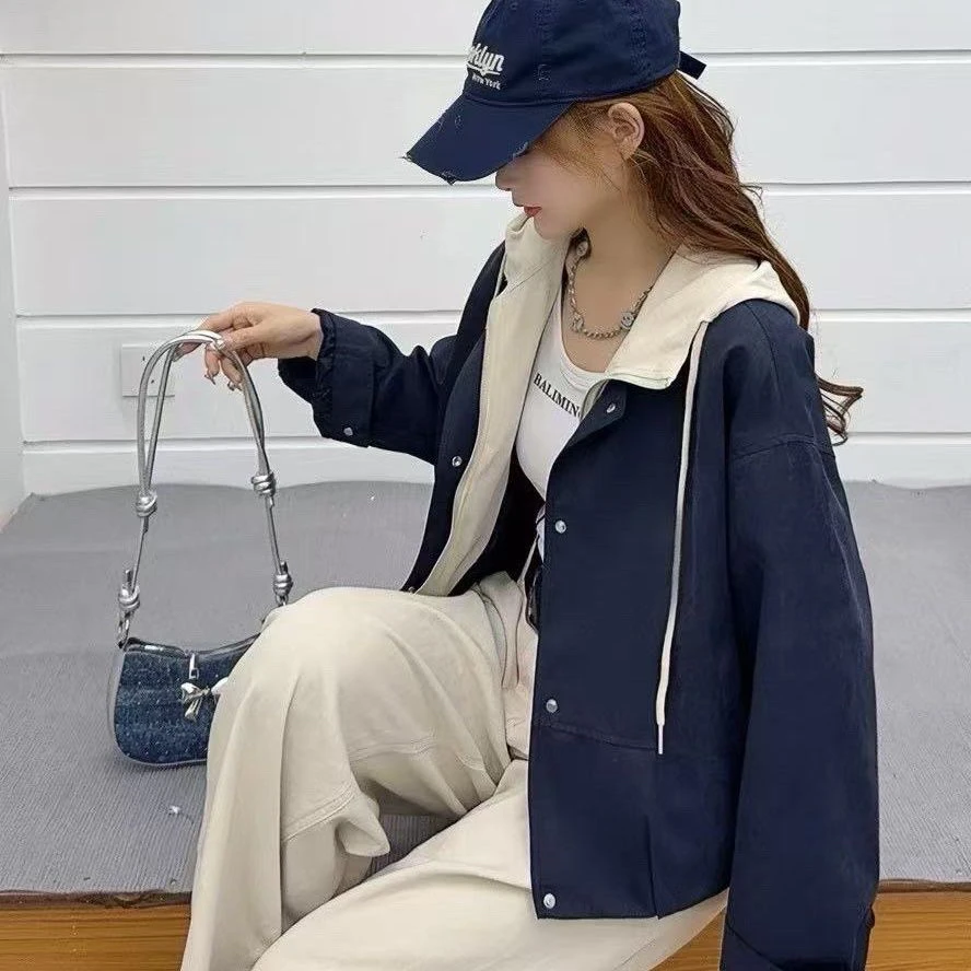 卫衣帽子拼接棉服女简约通勤连帽短款短袄子