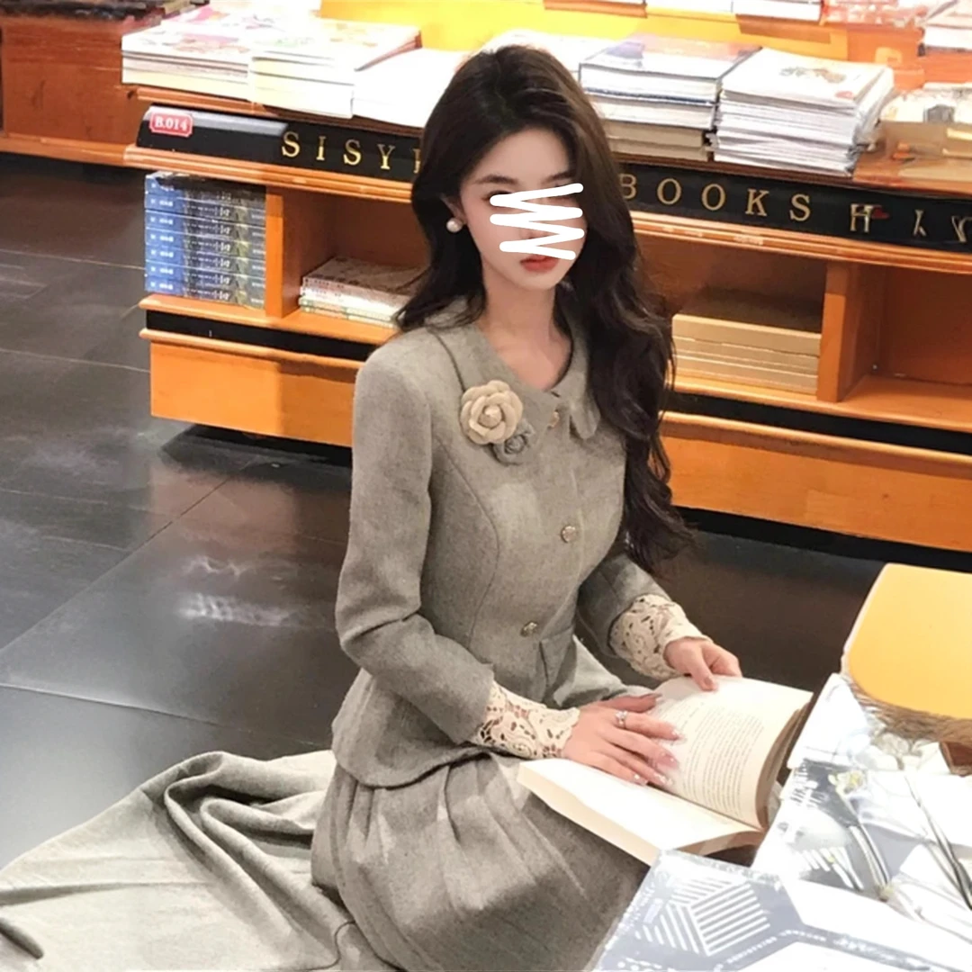 气质高级小香风灰色呢子外套百褶裙两件套女冬季新款富家千金