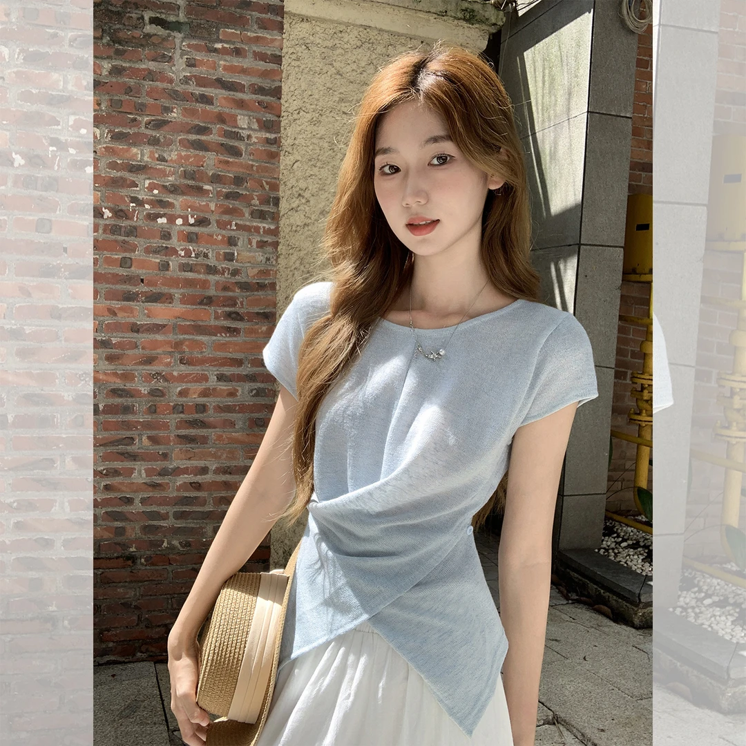 蓝色圆领不规则设计感下摆修身短袖遮小肚子不撞款上衣T恤女夏季