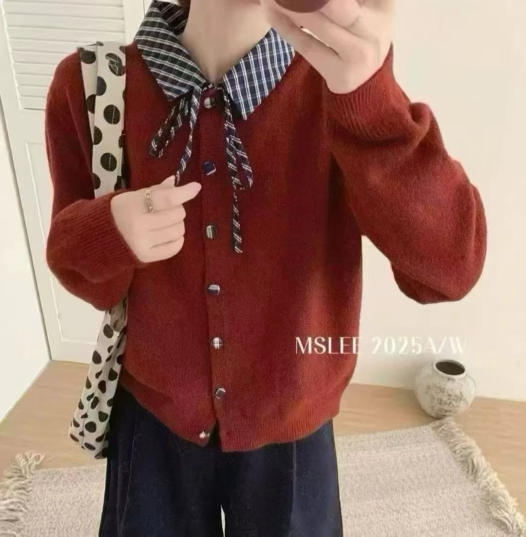 26117 设计感格子拼接撞色漂亮针织女秋季宽松休闲学院风毛衣 F80