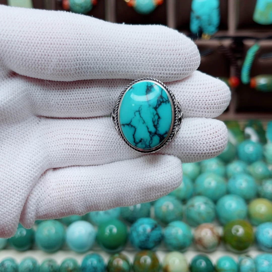 绿松石银S925镶嵌纯天然原矿绿松石