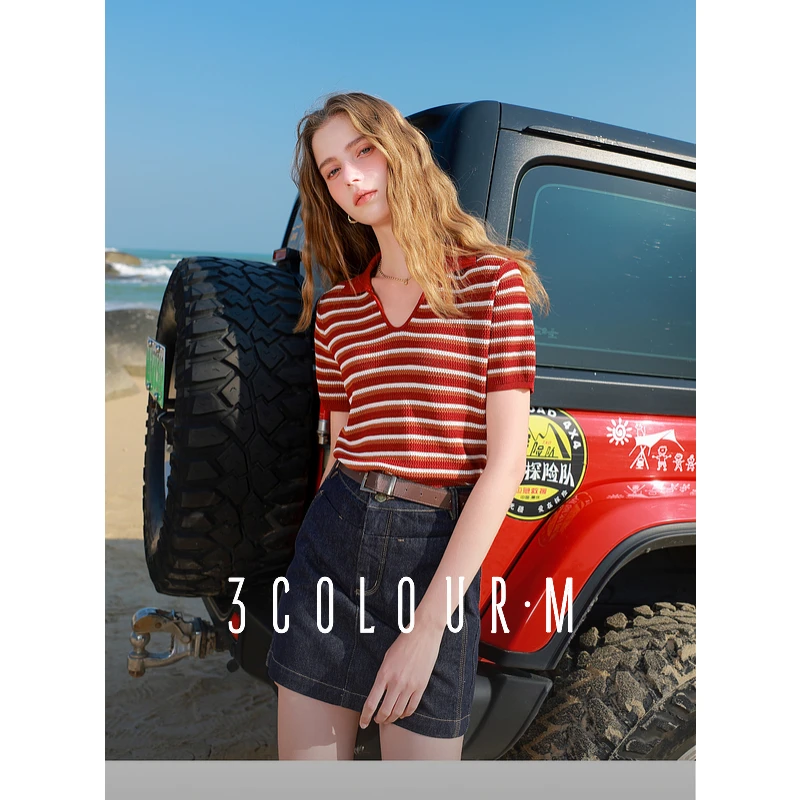 【抗起球针织】三彩2025春季新款撞色条纹POLO衫短袖套头衫M