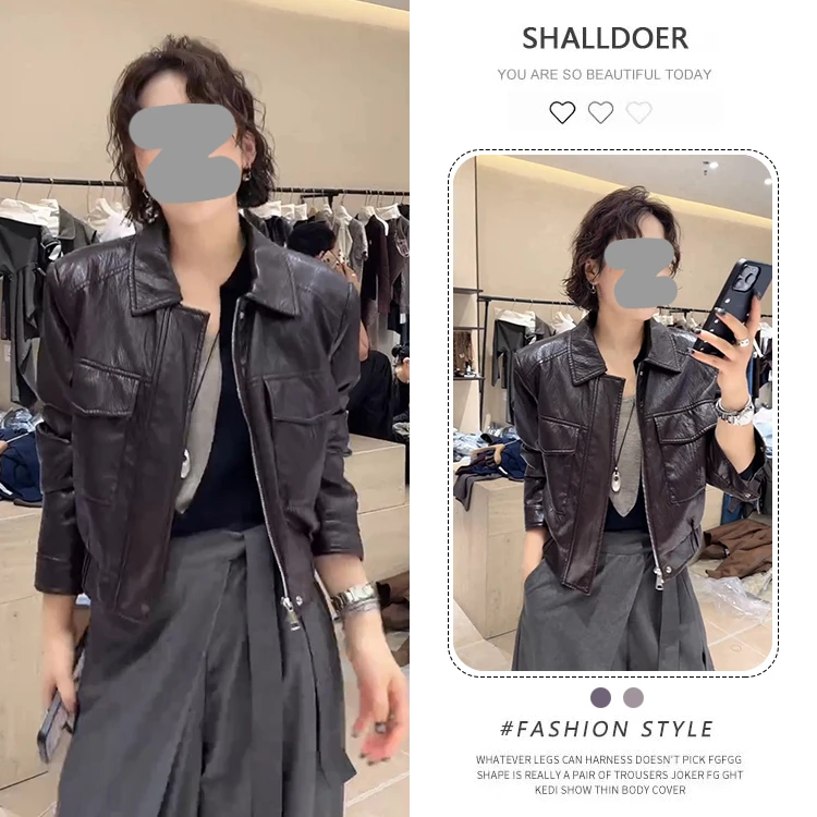 2025早秋爆款秋季口袋长袖皮衣重工翻领百搭设计感皮衣小众女