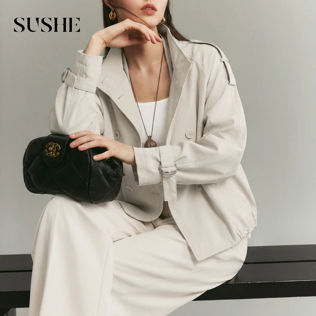 束皙SUSHE【熙语】复古风 100棉双排扣解构宽松短款廓形风衣外套