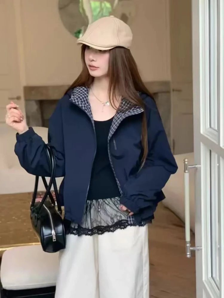 欧货格子拼接设计感连帽短外套女春秋季新款小个子宽松冲锋衣夹克