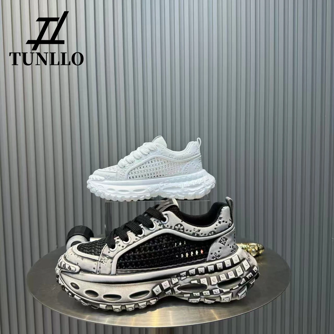 轻奢男鞋复古擦色做旧编织镂空透气老爹鞋男厚底增高舒适休闲鞋男