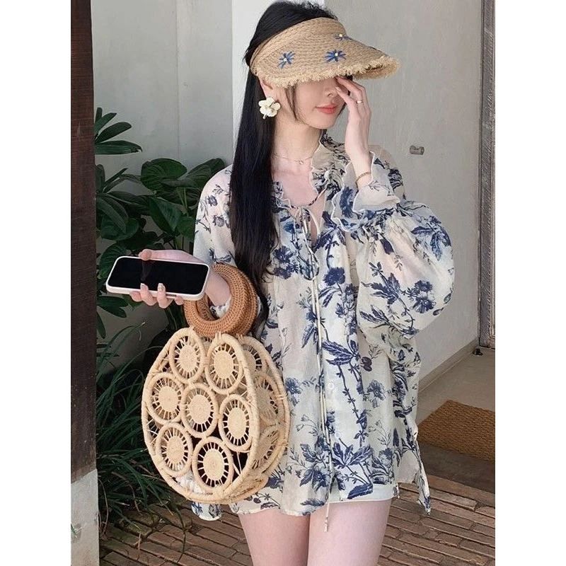 小清新水墨印花系带防晒衬衫女夏季设计感小众宽松慵懒超好看上衣