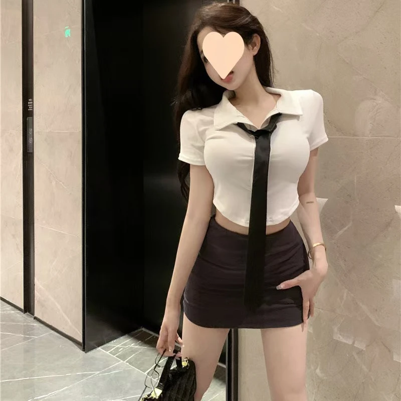 新款纯欲风领秘书装衬衫女夏高腰包半身裙辣妹收腰修身上衣