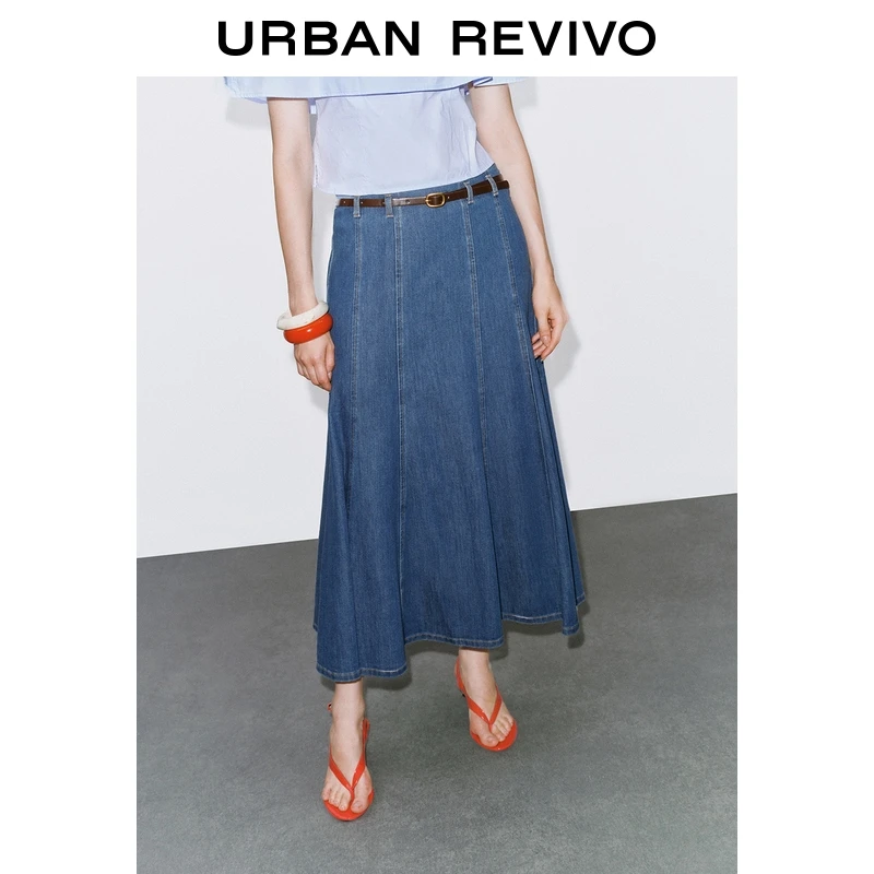 UR2025秋季新款女装复古休闲百搭腰带装饰牛仔半裙UWM850200