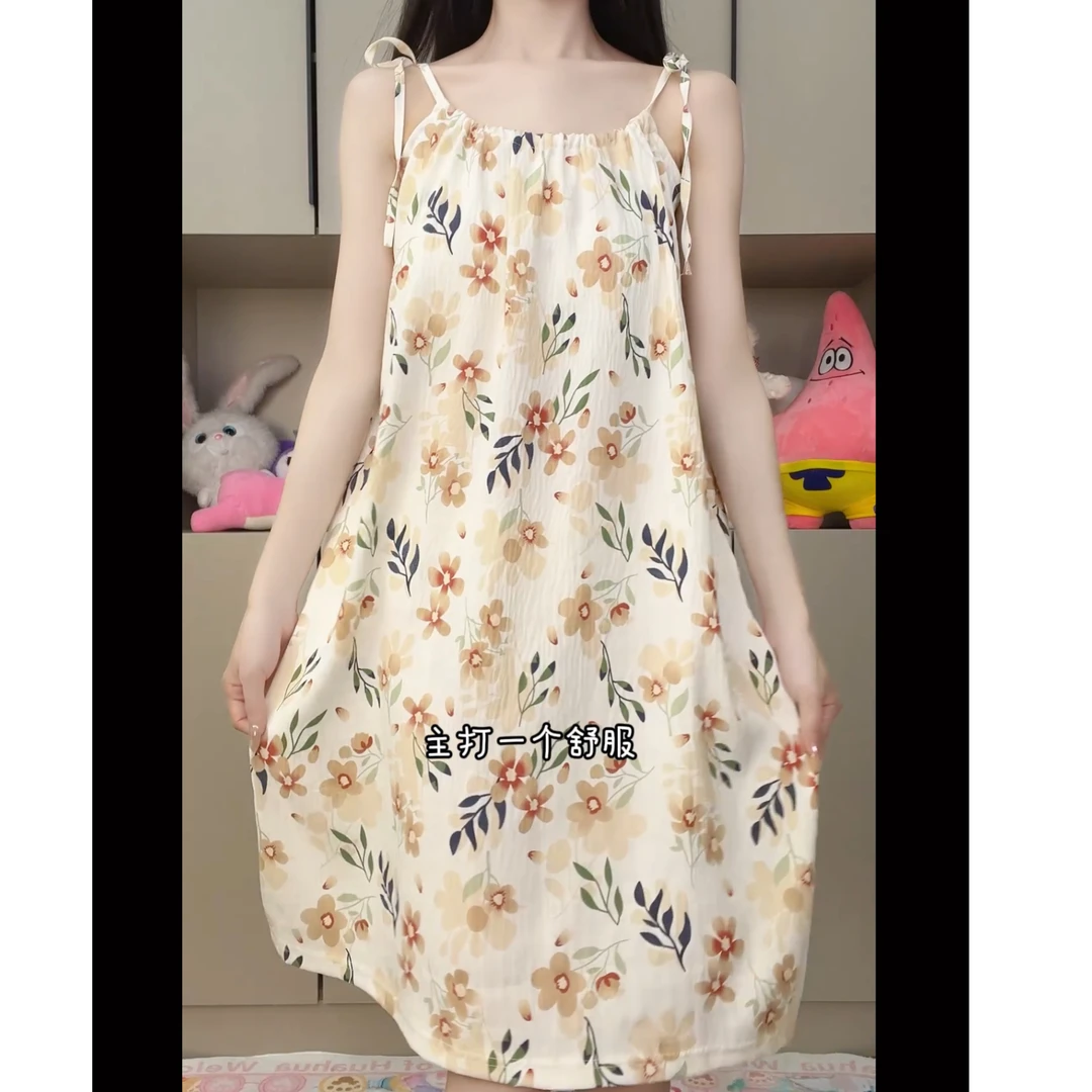 新款吊带自带胸垫宽松睡裙家居服碎花夏季小众薄款居家印花甜美