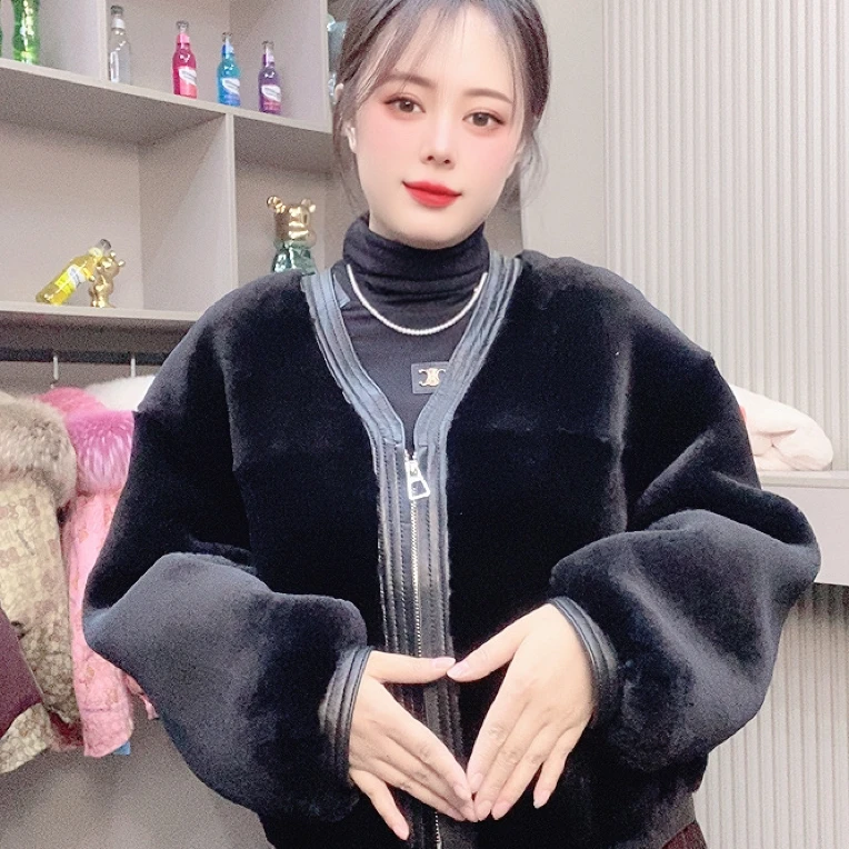 新款真皮羊皮毛一体短外套拉链V领上衣时尚加厚保暖外套