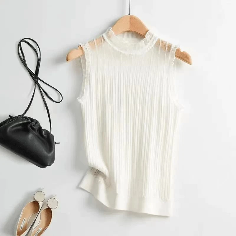 #2503 蕾丝背心打底上衣高领无袖背心木耳边无袖背心