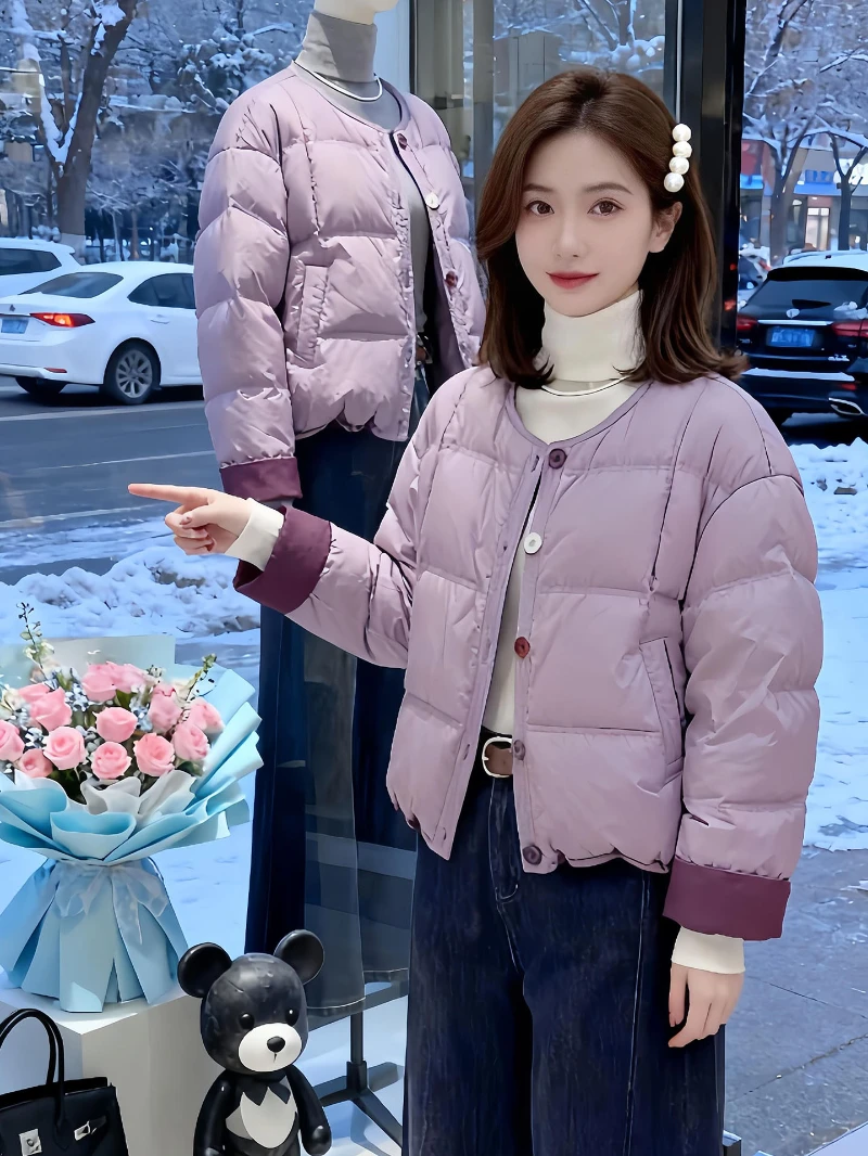 韩系紫色撞色拼接短款面包服女2025冬季新款圆领宽松加厚保暖外套