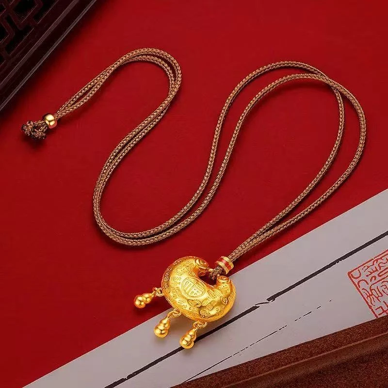 铜合金项链 胖福金色锁包手工饰品双面编绳古法百福锁长命百岁