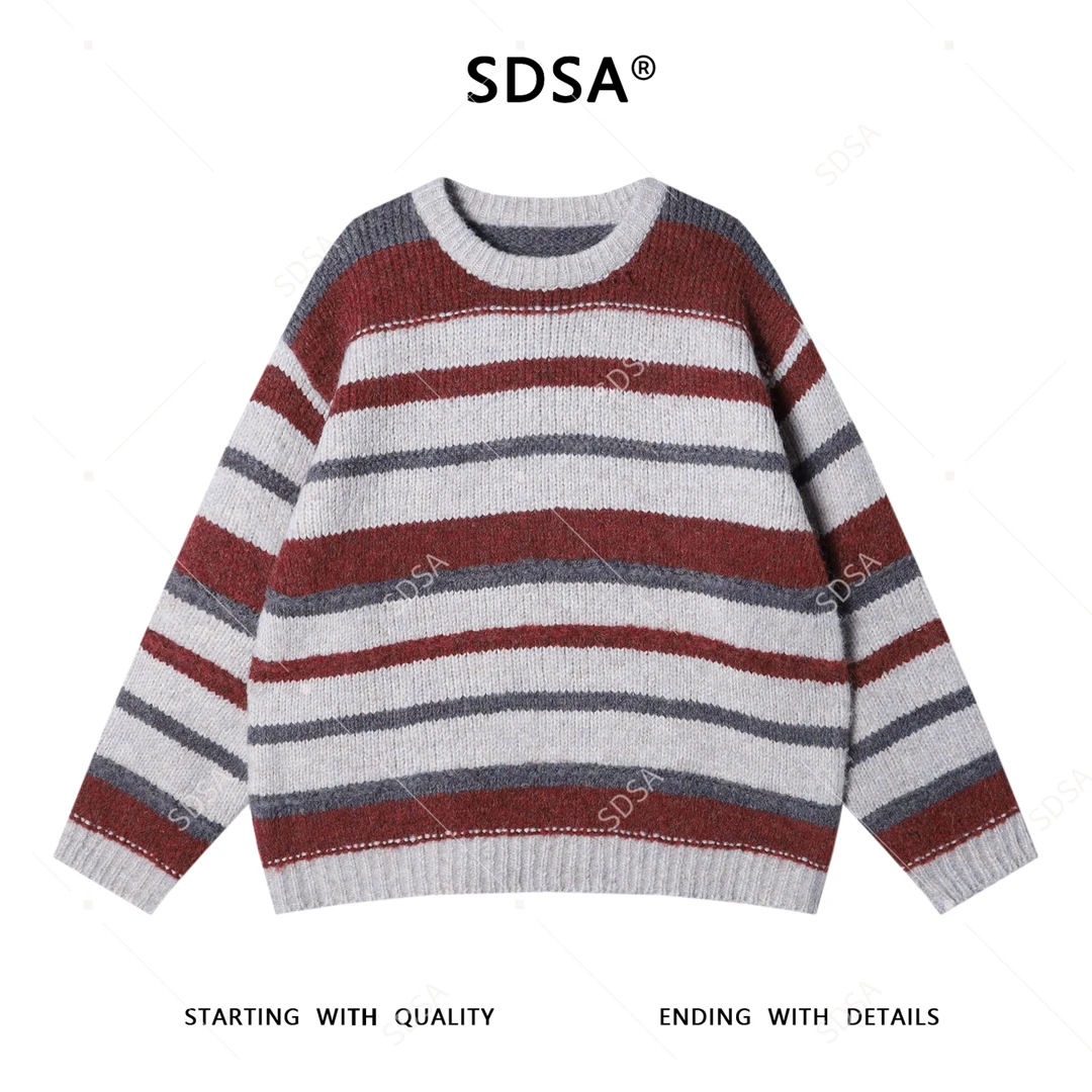 SDSA男士秋冬新款痞帅男装韩版简约撞色条纹圆领毛衣慵懒风针织衫