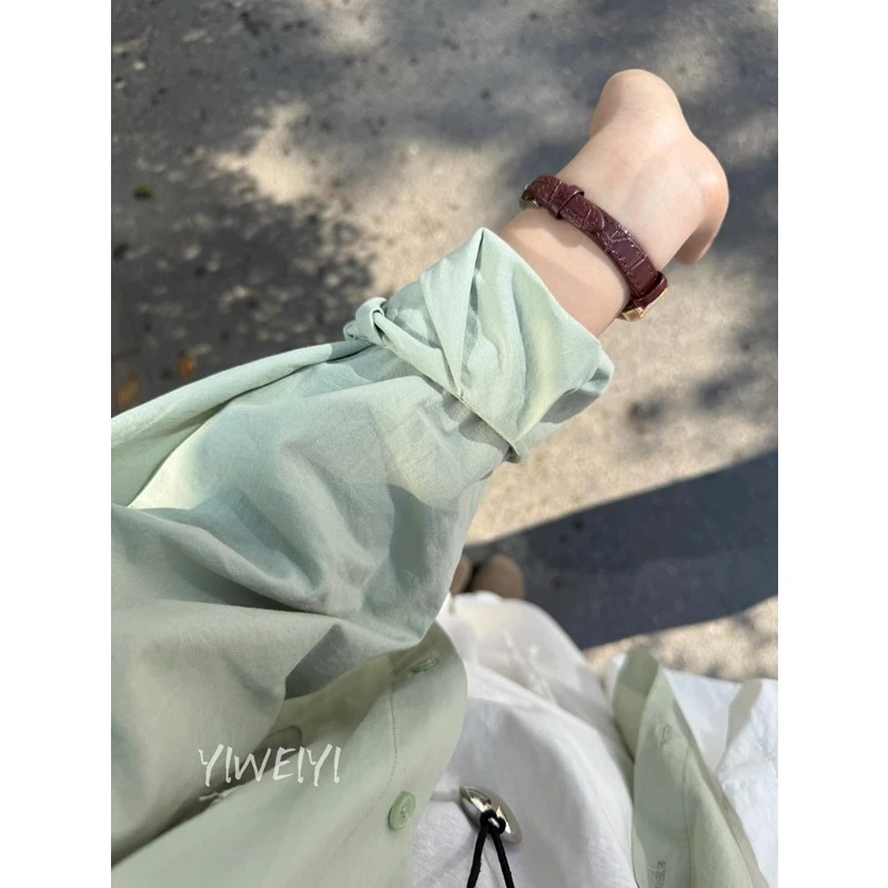 文艺复古绿色正肩衬衫女纯棉上衣初夏长袖衬衣夏装开衫小衫薄外套