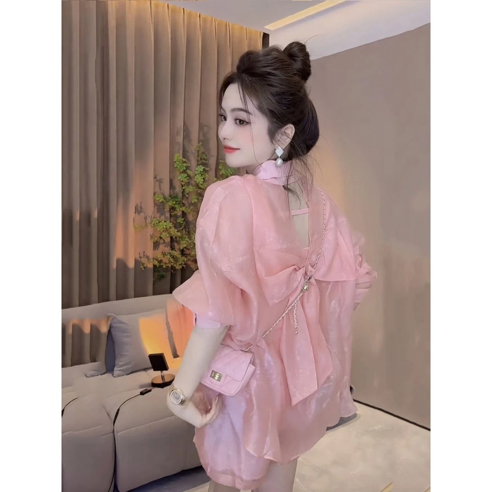 【两件套】A258 后背蝴蝶结设计薄款清爽防晒衬衫短裤套装女夏