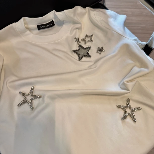Bamancai-设计感新款小众星星烫钻清冷感气质白色短袖T恤上衣女