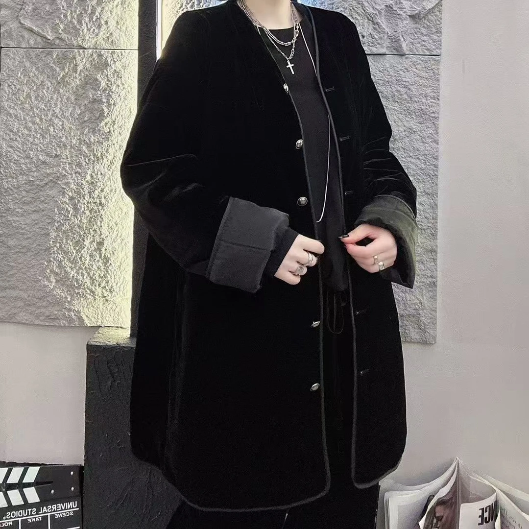 韩式长版丝绒棉服