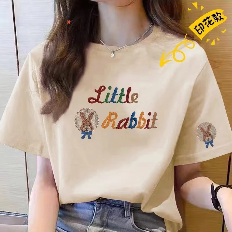 纯棉短袖t恤女2025新款夏季正肩半袖体恤设计感小众圆领印花上衣