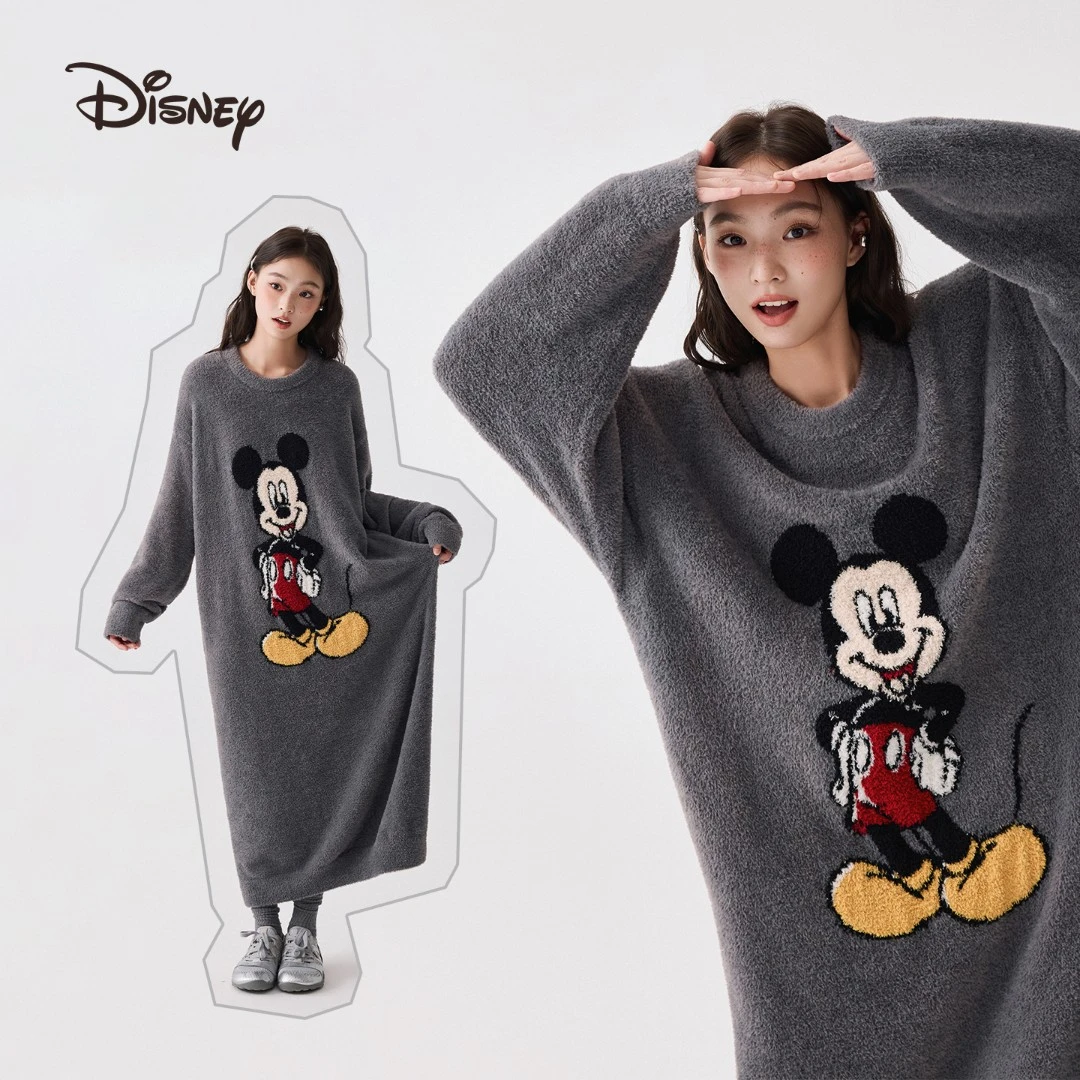迪士尼米奇半边绒可外穿加厚保暖睡裙睡袍睡衣家居服女秋冬