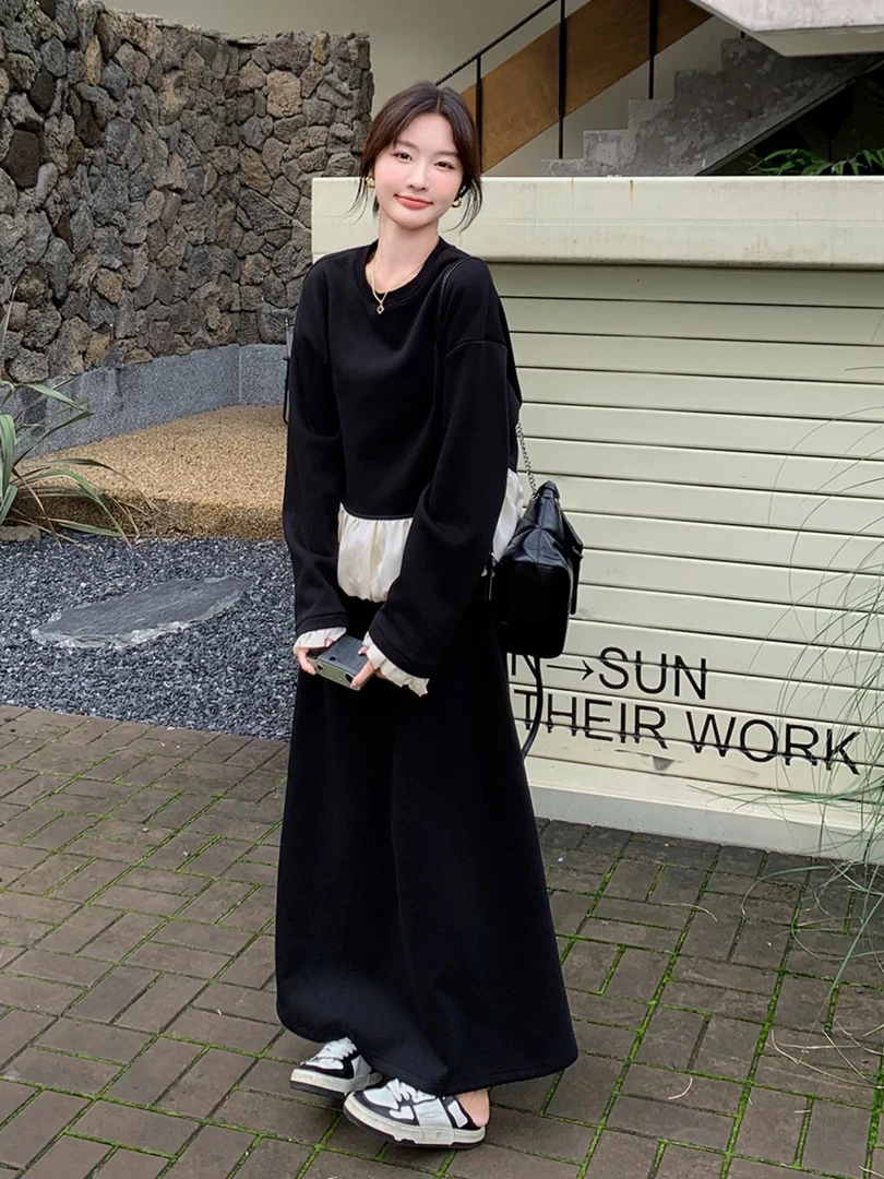 루루가−  （简单爱春款）韩国东大门黑白拼接卫衣套装裙两件套不加绒