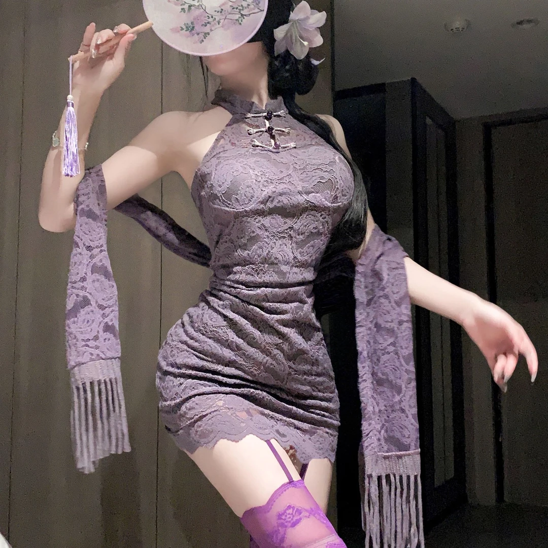 瑰云情趣内衣性感新中式盘扣蕾丝立领旗袍纯欲辣妹紫色挂脖旗袍女