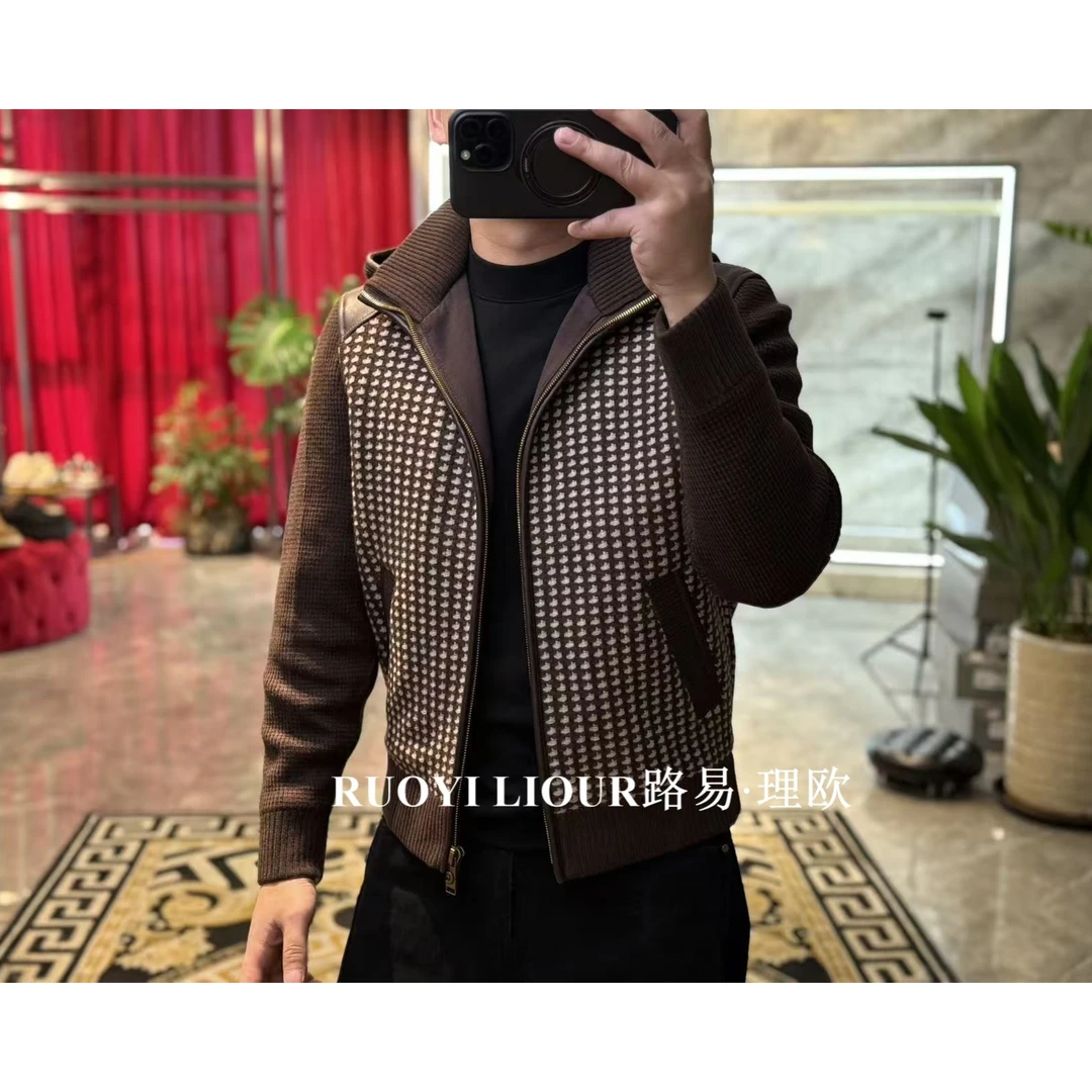 【路易理欧】新款欧货高端轻奢千鸟格连帽时尚夹克外套0787