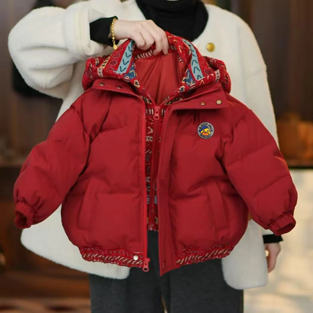 2025新款童装加厚棉服儿童假两件短款连帽棉袄冬季外套