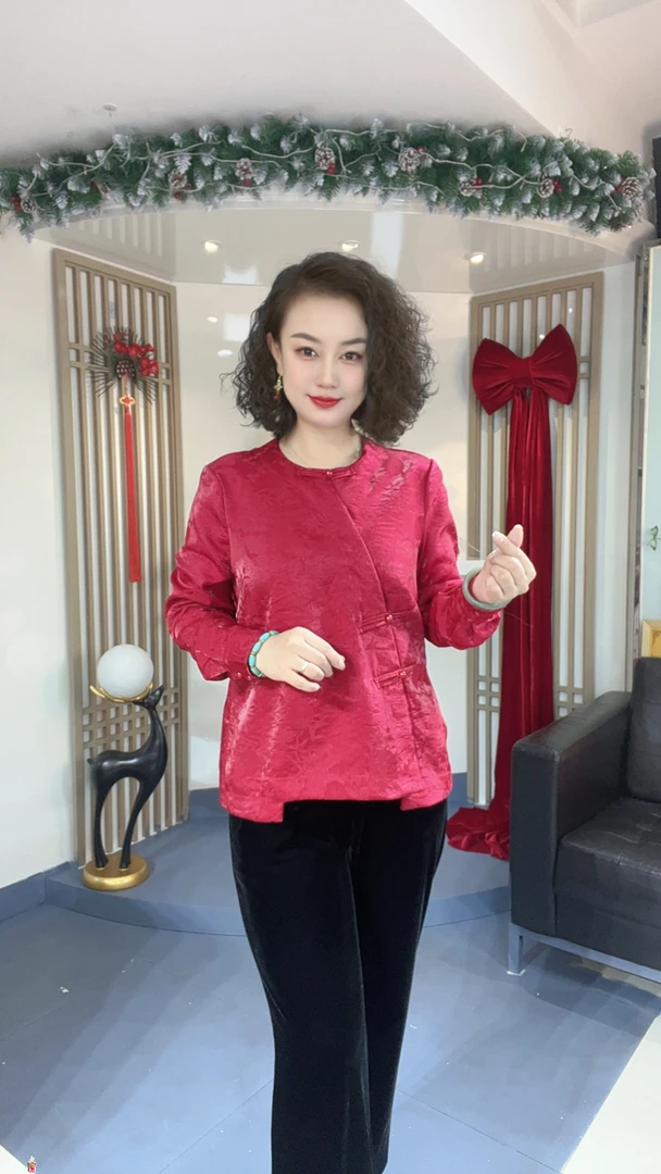 新中式国风复古提花本命年中国红盘扣圆领气质感长袖衬衫6100