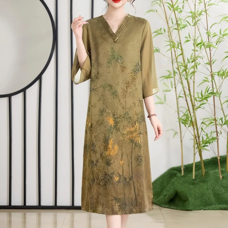 9859  夏季新款气质套头印花V领连衣裙夏季夏装裙子气质