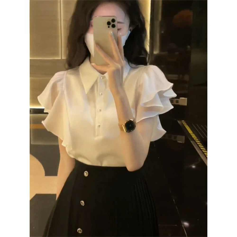 法式气质设计感白色荷叶边衬衫女夏季2025时尚百搭好看新款Polo领