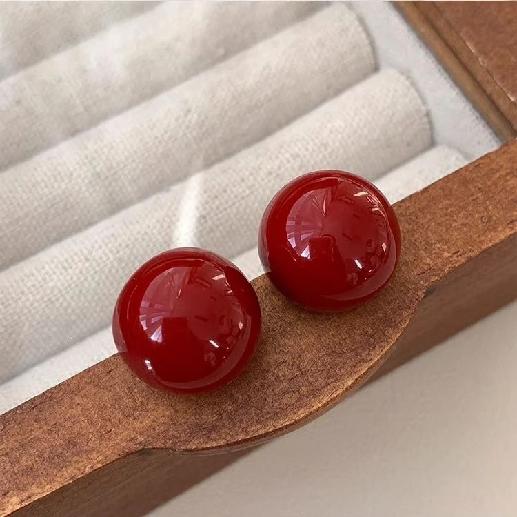 铜合金耳饰 简约耳钉5012复古安哥拉红色耳扣气质百搭新年款