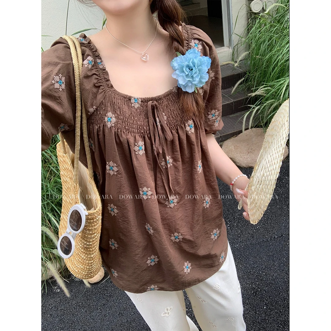 大婉酱微胖定制亚麻莱赛尔复古一字肩别致上衣碎花显瘦衬衫 9240D