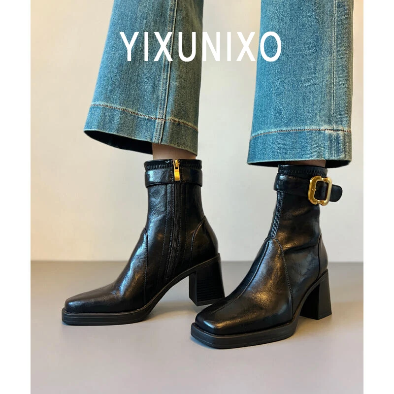 羊皮版~静音底方头高跟短靴女轻奢粗跟瘦瘦靴百搭显瘦新款马丁靴