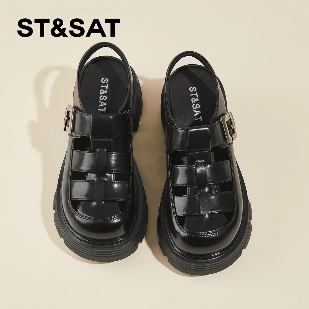 星期六真皮粗跟罗马包头凉鞋女2025新款夏季松糕厚底镂空猪笼女鞋