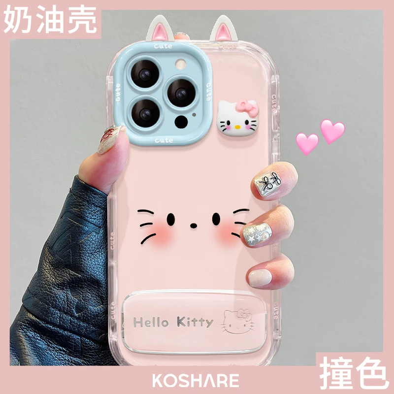 耳朵Kt猫镜子支架挂绳适用苹果配件华为荣耀VIVOhellokitty手机壳
