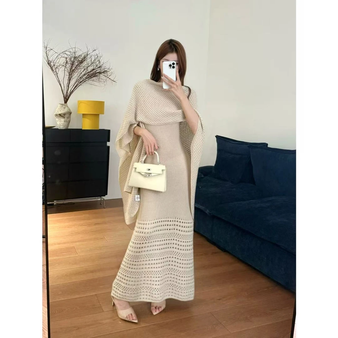 时尚气质开衫女人味两件套超重工钩花针织套装收腰显瘦长裙