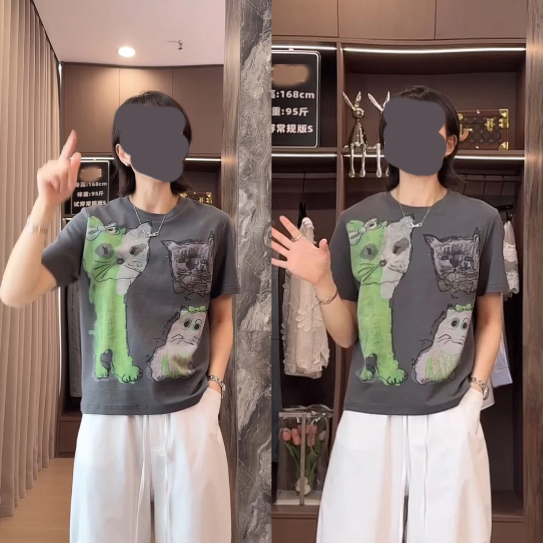 夏季休闲圆领复古百搭显瘦卡通猫印花短袖T恤女减龄潮流气质