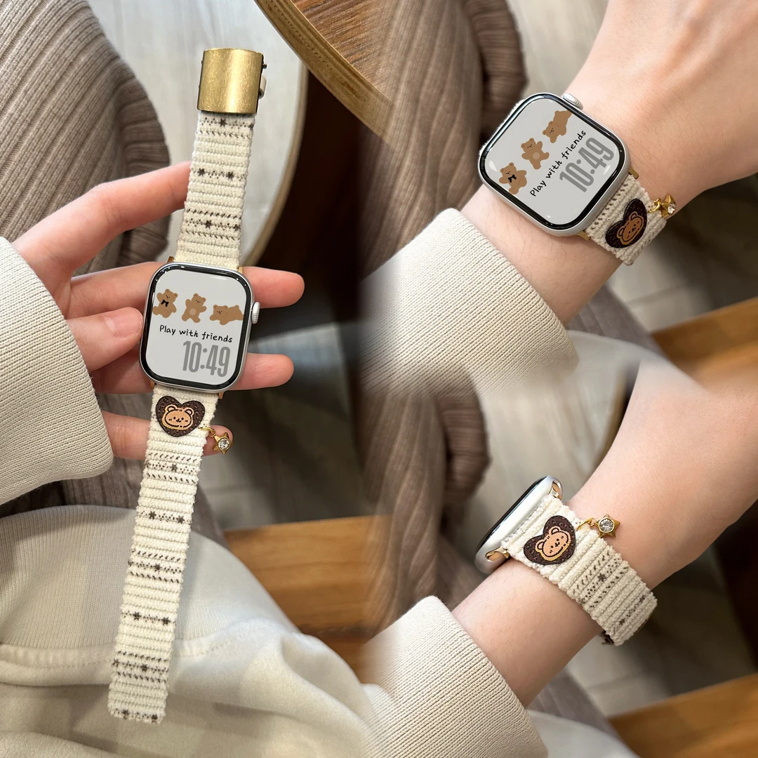 适用于苹果手表AppleiWatchS11小熊灯芯绒s10987表带女秋冬se21新