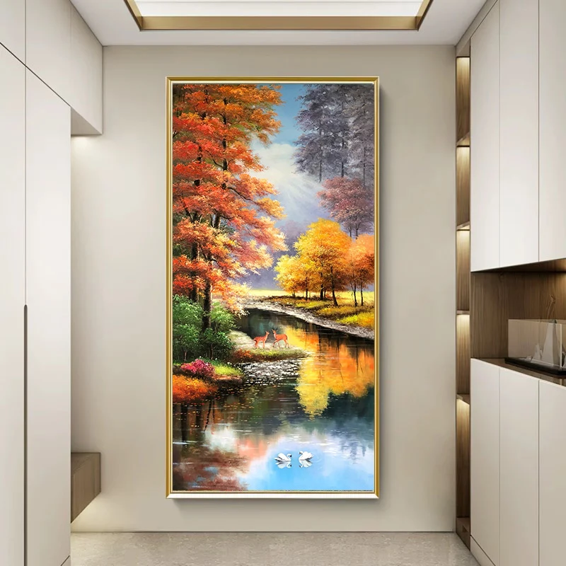 《红枫林》欧式美式手工风景招财树玄关走廊竖版客厅黄金树挂画