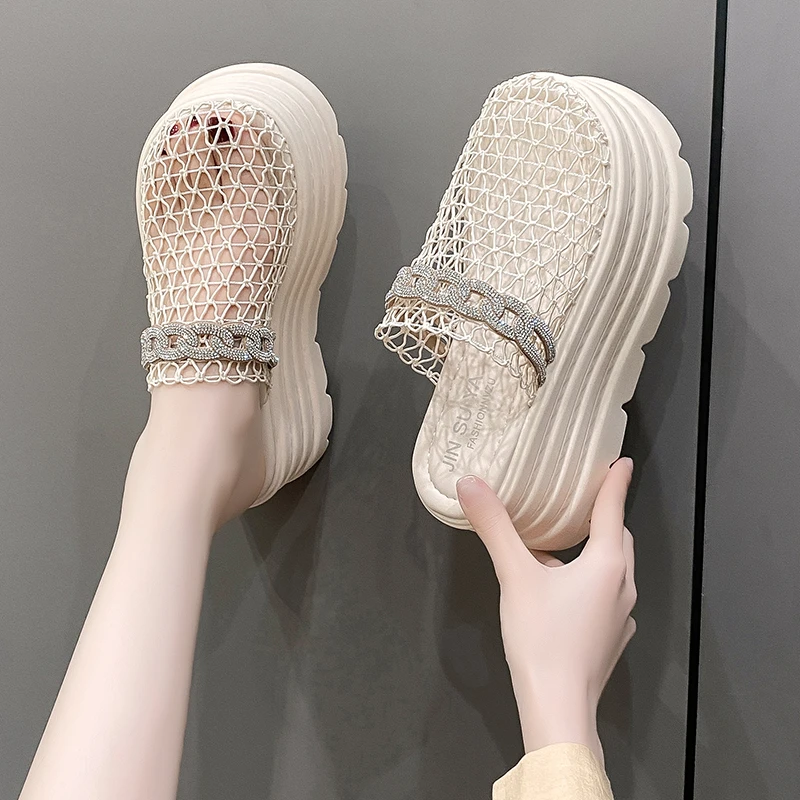 水钻厚底增高包头半拖鞋女夏季2025新款外穿高级感镂空编织渔网鞋