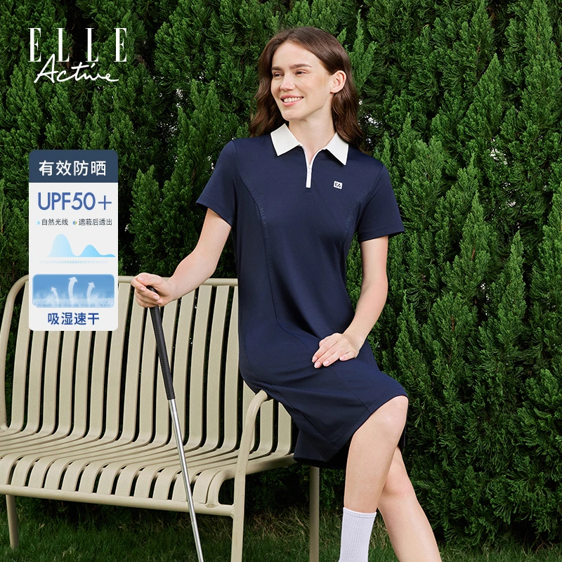 ELLE Active【UPF50+防晒】半拉链翻领连衣裙夏季短袖运动休闲裙子