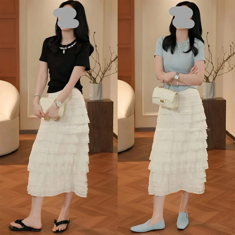 2025年夏季韩式新款小众设计感短袖T恤上衣百搭半身裙时尚套装女