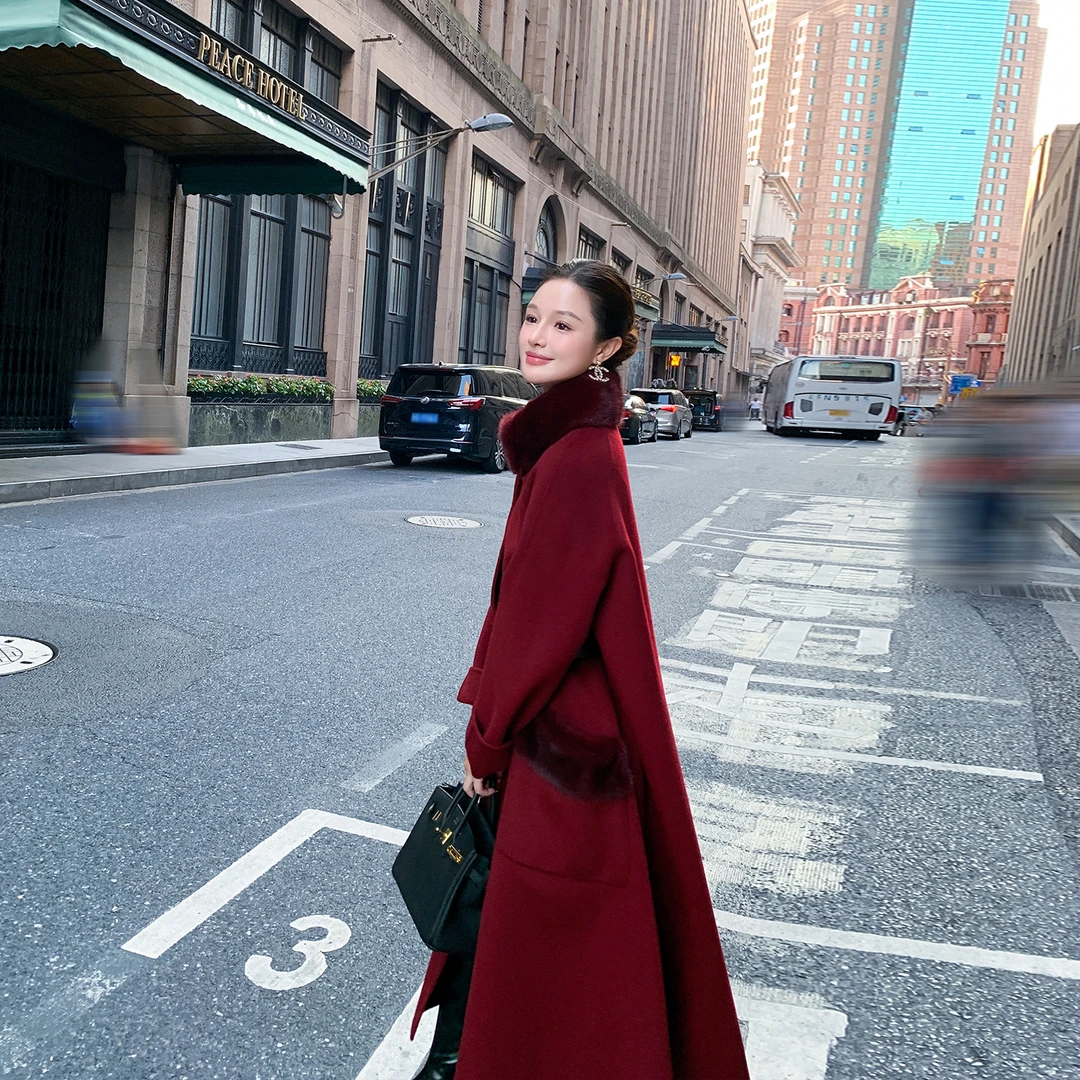 高端气质水貂毛领羊绒大衣女冬季新款宽松气质A字斗篷毛呢子外套