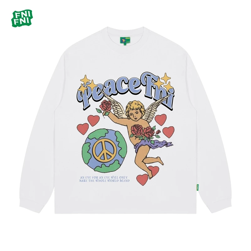 FNI国潮重磅纯棉（天使女孩）男女同款t恤美式复古圆领长袖新款直喷