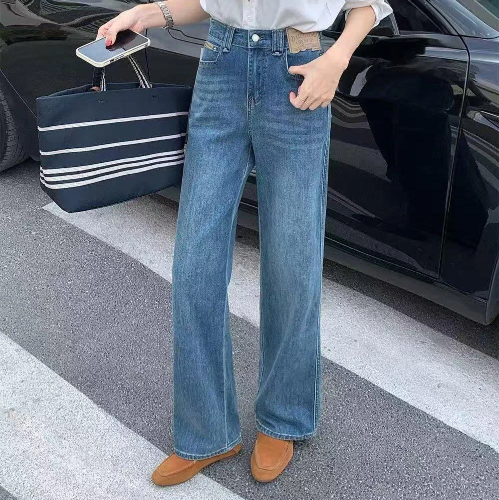 加大码胖mm春季新款窄版窄版直筒高腰弹力百搭经典牛仔裤女显瘦