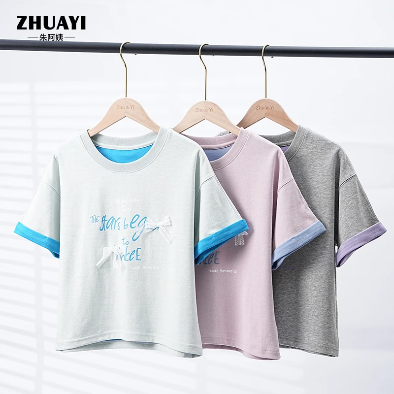 2025夏季蕾丝蝴蝶结短袖宽松中大童圆领半袖印花时尚T恤